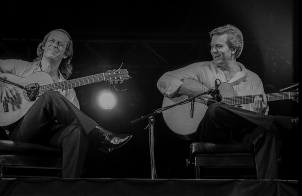 GDR, Berlin, 17. 7. 1987, Rocksommer auf der Insel (Island of Youth), Treptower Park, guitarists John McLaughlin (right) and Paco de Lucia