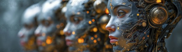 An image of advanced humanoid robot heads with focus on the first, side-lit, bionic, cyborg, AI generated, AI generated