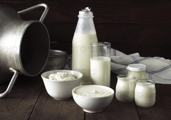 Dairy products, milk, double cream, soft cheese and yoghurt