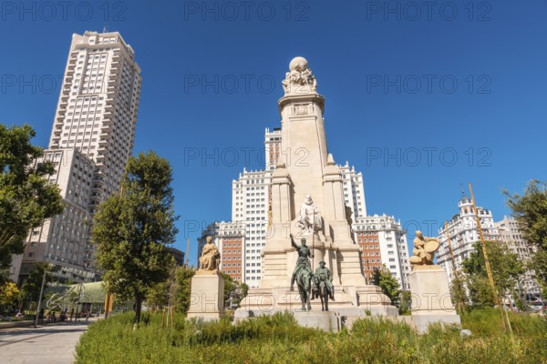 Monument to Cervantes in the Spain square in the center of the capital of Madrid in summer
