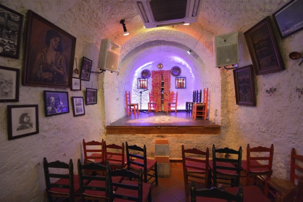 Stage in a former cave home, Los Tarantos flamenco club, Sacromonte, Granada, Granada province, Andalusia, Spain, Europe