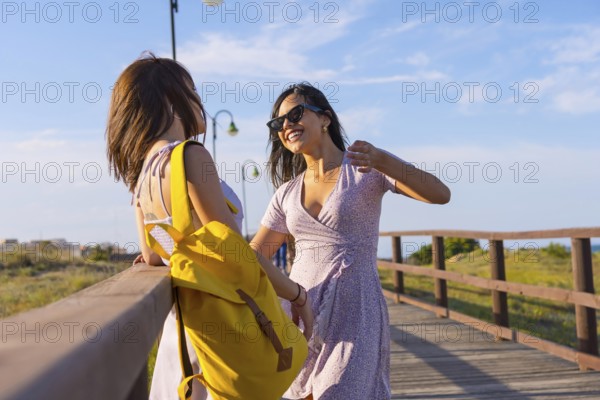 Female friends on summer vacation at the beach talking on a wooden path