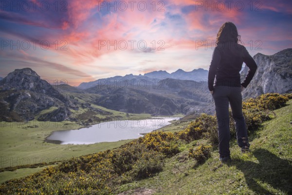 A young woman looking at the beautiful Covadonga lake in Asturias in a beautiful spring sunset, Picos de Europa. Spain