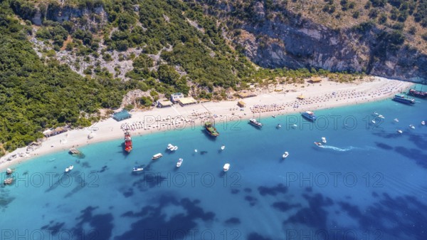 Aerial drone view of the paradise beach of Kroreza or Krorez on the Albanian riviera in Sarande, Albania. turquoise waters