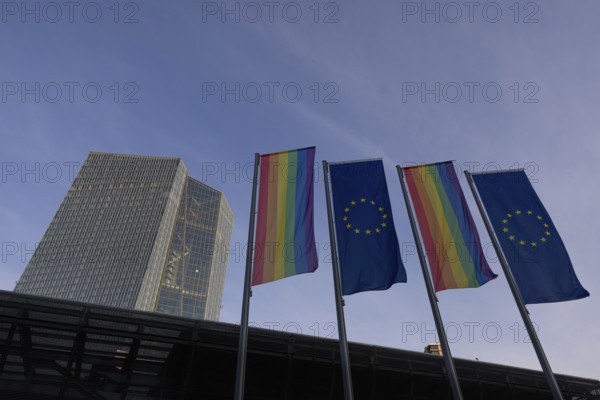 Two rainbow flags and two European flags fly alternately in front of the entrance area of the European Central Bank (ECB) in Frankfurt am Main as a sign of diversity, tolerance and peace, Frankfurt am Main, Hesse, Germany, Europe
