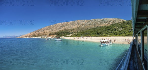 Panoramic view of the paradise beach of Kroreza or Krorez from the boat on the Albanian riviera in Sarande, Albania, Europe