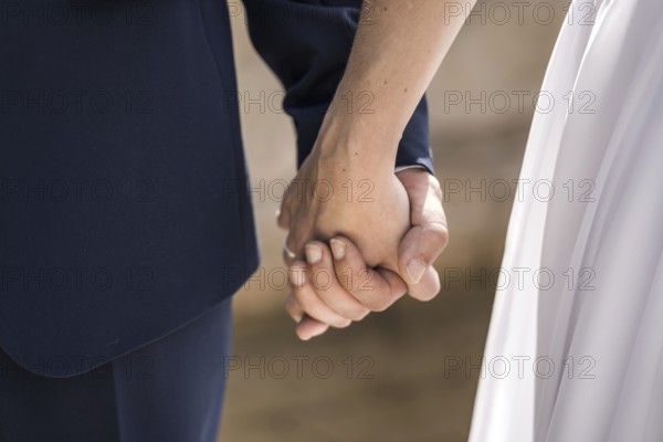 Bride and groom holding hands at the wedding of the happy bride and groom, marriage portraits