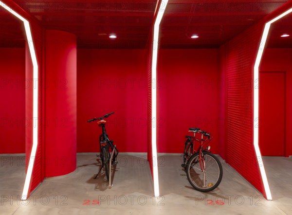 Underground car park for bicycles, redesigned Potsdamer Platz station, Sony Center, Berlin, Germany, Europe