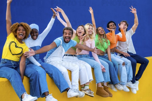 Happy multi-ethnic friends raising hands and smiling sitting in an outdoor wall