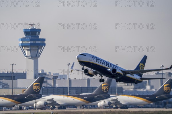 Ryanair Boeing 737 on take-off, air cargo centre, air traffic control tower, Cologne-Bonn Airport, CGN North Rhine-Westphalia, Germany, Europe