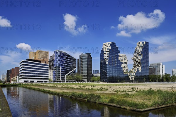 Skyline with office buildings NautaDutilh, Symphony, towers, Symphony torens, ABN AMRO Bank, The Valley, Zuidas financial district, Amsterdam, North Holland, Netherlands