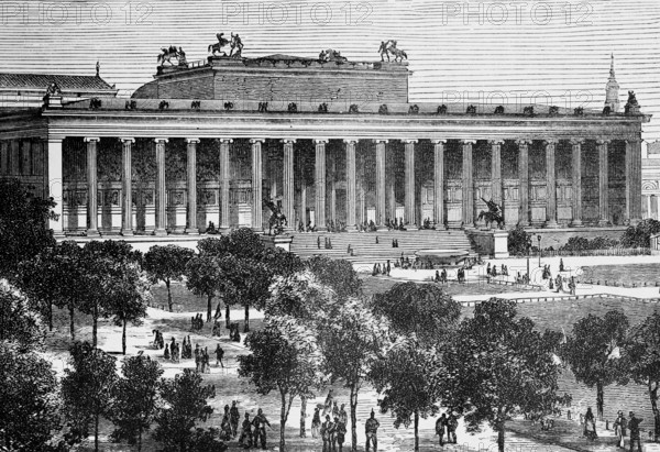 Old Museum on the Museum Island with pleasure garden in Berlin Mitte, built 1825-1830 by Karl Friedrich Schinkel, front with Ionic columns, many strollers strolling, recreation, leisure, avenue, travel, Germany, historical illustration 1885, Europe