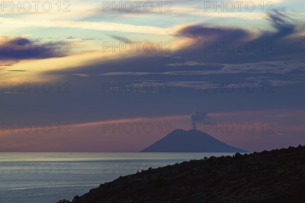 Sunset over Stromboli Volcano from Nicotera, Mount Stromboli, Tyrrhenian Sea, Stromboli, Italy, Europe