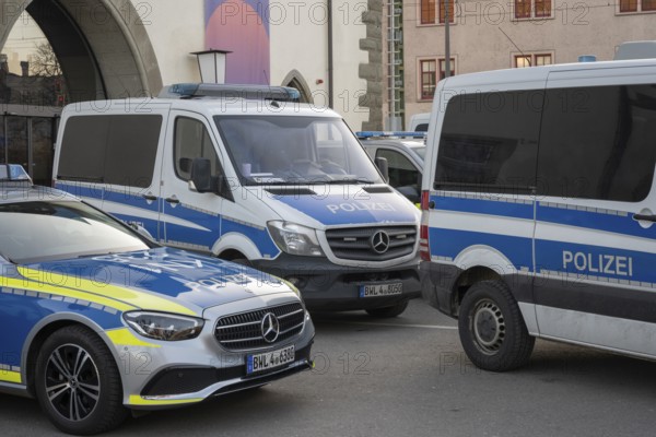 Police, several emergency vehicles during a demonstration, Constance, Constance district, Baden-Württemberg Germany