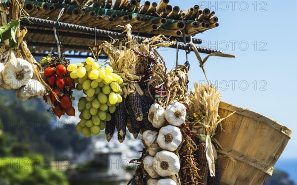 Fruits and vegetables at the roadside shop on Amalfi Drive, Amalfi Coast, Positano, Italy, Europe