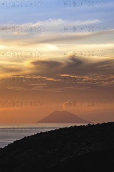 Sunset over Stromboli Volcano from Nicotera, Mount Stromboli, Tyrrhenian Sea, Stromboli, Italy, Europe