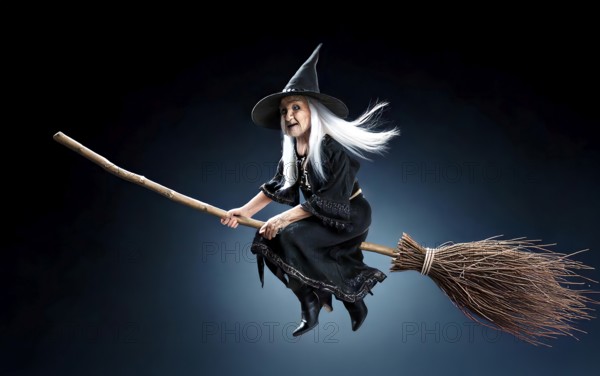 An old witch rides on a brushwood broom, symbolic image myth, fairy tale, legend, fantasy, witchcraft, evil, ugly, belief in witches, Halloween, Walpurgisnacht, chunk, AI generated, AI generated