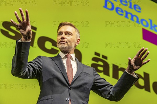 Traditional Epiphany 2025 meeting of the FDP party. The party event is also the start of the election campaign for the 2025 federal elections. Christian Lindner, portrait, MP, Federal Chairman of the FDP, in front of the large poster with the inscription Alles lässt sich ändern. Stuttgart Opera House. Baden-Württemberg, Germany, Europe