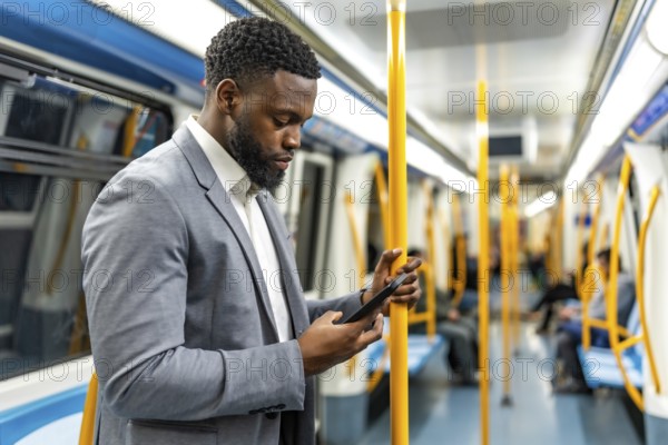 Young businessman using a smartphone while standing on a subway train during his daily commute through the bustling city