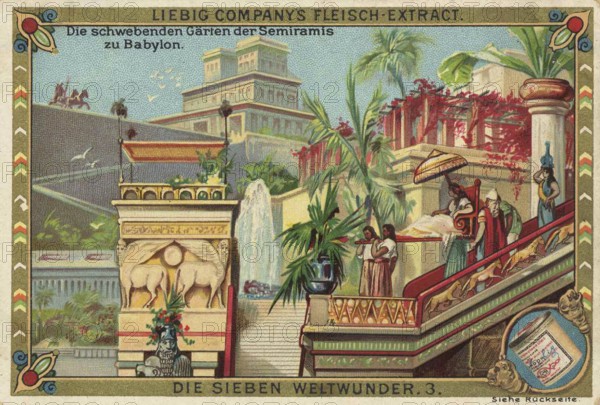 Picture series The Seven Wonders of the World, the Hanging Gardens of Babylon, Liebig picture, digitally restored reproduction of a collector's picture from around 1900, public domain, exact date unknown, depiction of the Hanging Gardens of Semiramis in Babylon as an exotic ancient wonder of the world