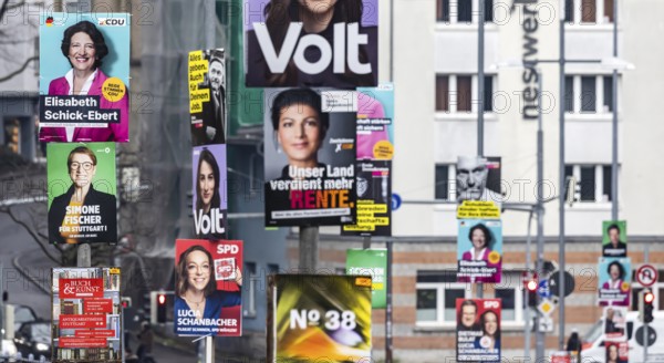 Election posters for the Bundestag election 2025, BTW25. Election advertising of various parties on a street in Stuttgart, Baden-Württemberg, Germany, Europe