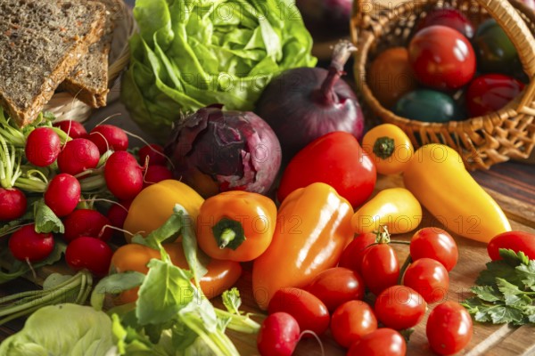Colourful fresh vegetables, including peppers, tomatoes and radishes, surrounded by bread and colourful eggs