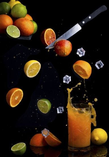 Flying citrus fruits and knives over glass with splashing orange juice against black background