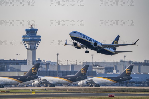 Ryanair Boeing 737 on take-off, air cargo centre, air traffic control tower, Cologne-Bonn Airport, CGN North Rhine-Westphalia, Germany, Europe