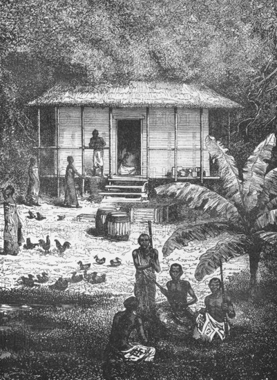 Wooden house of a labourer's family on a plantation, 19th century, stairs, terrace, people, free-range chickens, tropical vegetation, barrel, travelling, Mali, historical illustration 1886, Africa