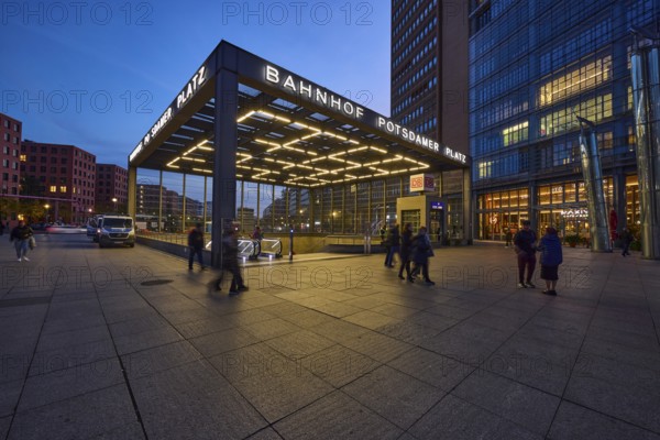 U- and S-Bahn station Potsdamer Platz at the blue hour, dusk in Berlin, capital, independent city, federal state Berlin, Germany, Europe