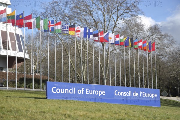 Palace of Europe with Council of Europe and inscription Council of Europe, EU flag, series of national flags, state flag, politics, international, EU Parliament, Strasbourg, Bas-Rhin, Alsace, France, Europe