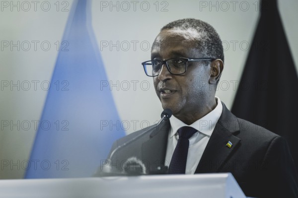 Vincent Biruta, Foreign Minister of Rwanda, pictured at a joint press conference with Annalena Bärbock (not pictured), Federal Foreign Minister, in Kigali, 18 December 2023