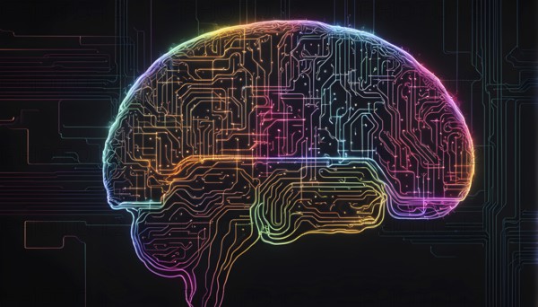 Abstract digital brain made of interconnected lines and glowing circuits in neon colors, representing artificial intelligence processing information, AI generated