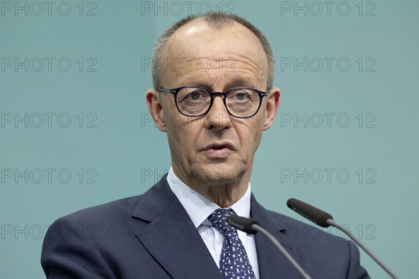 Friedrich Merz (CDU candidate for Chancellor, Federal Chairman of the CDU and Chairman of the CDU/CSU parliamentary group) gives a press conference during the review of the election of the 21st German Bundestag in the Konrad Adenauer House on 24 February 2025