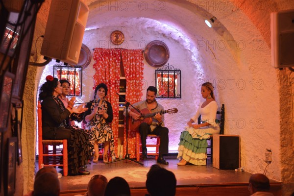 Flamenco performance on the stage of a former cave home, Los Tarantos flamenco club, Sacromonte, Granada, Granada province, Andalusia, Spain, Europe