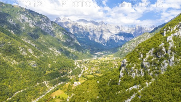 Aerial view in the valley of Theth National Park, Albania. albanian alps