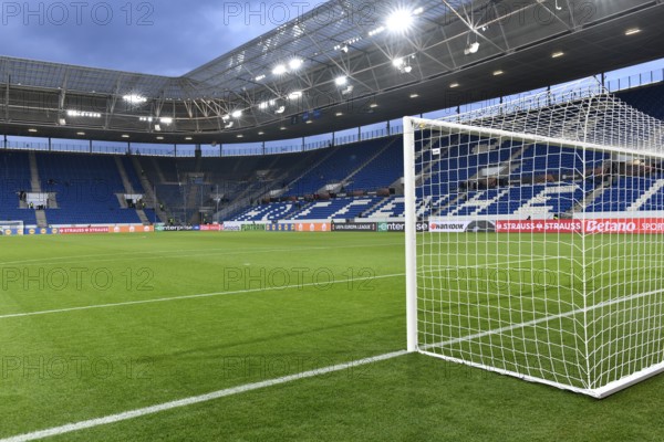 Indoor, Pitch, Tor tor, Opposite stand, empty, Floodlight, blue hour, Europa League, PreZero Arena, Sinsheim, Baden-Württemberg, Germany, Europe