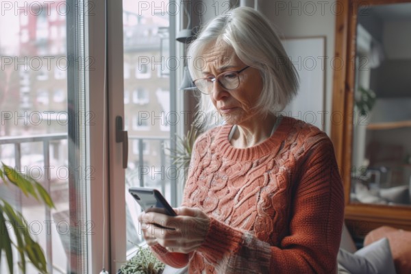 An elderly woman stands at the window in her living room and looks worried, frightened, unsettled at her smartphone, symbolic image for fraud against senior citizens, grandchild trick, shock calls, disclosure of personal data such as password, bank details, home address, media competence, AI generated, AI generated, AI generated