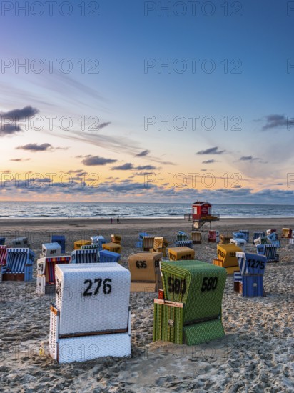 Evening sky, beach chairs, beach, tourism, travel, holiday, North Sea, North Sea island, Langeoog, Germany, Europe
