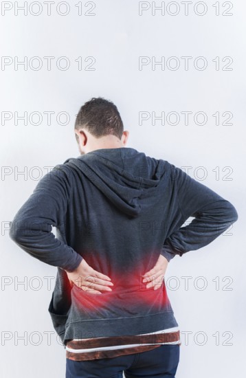 Male person with spine problems isolated. Back view of person with back ache isolated. Lumbar problems concept