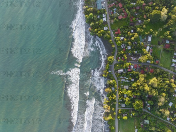 Top-down, aerial view, view of settlement and houses on the coast, Cahuita, Limón, Costa Rica, Central America