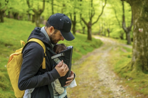 A young father with a yellow backpack walking with the newborn child in the backpack on a path in the woods