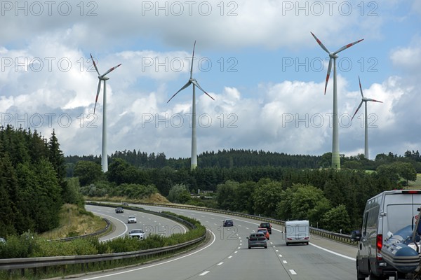 Wind turbines on the A 9 motorway, Upper Franconia, Bavaria, Germany, Europe
