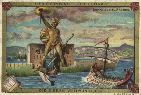 Picture series the seven wonders of the world, the Colossus of Rhodes, Liebig picture, digitally restored reproduction of a collector's picture from around 1900, public domain, exact date unknown, The Colossus of Rhodes at the harbour with ancient ships as one of the ancient wonders of the world