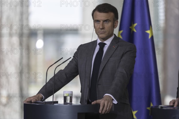 Emmanuel Macron, President of France, recorded during a press conference at the Federal Chancellery in Berlin, 15 March 2024