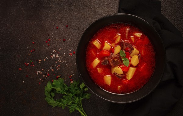 Meat goulash, with potatoes and carrots, sweet pepper, traditional Hungarian soup, homemade, no people