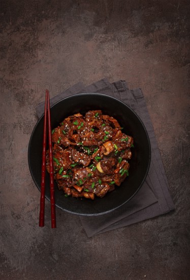 Bulgogi, with mushrooms, with sesame seeds and green onions, Korean cuisine, homemade, no people