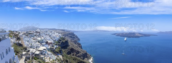 Greece Islands, scenic panoramic sea views of Santorini island from top outlook of Fira village.