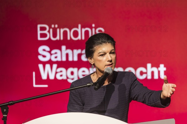Sahra Wagenecht during her election campaign speech, portrait. Election event of the party Bündnis Sahra Wagenknecht for the Bundestag election 2025 in Stuttgart, Baden-Württemberg, Germany, Europe
