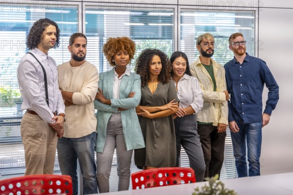 Portrait of a serious team of young and multiracial cowokers standing in the office